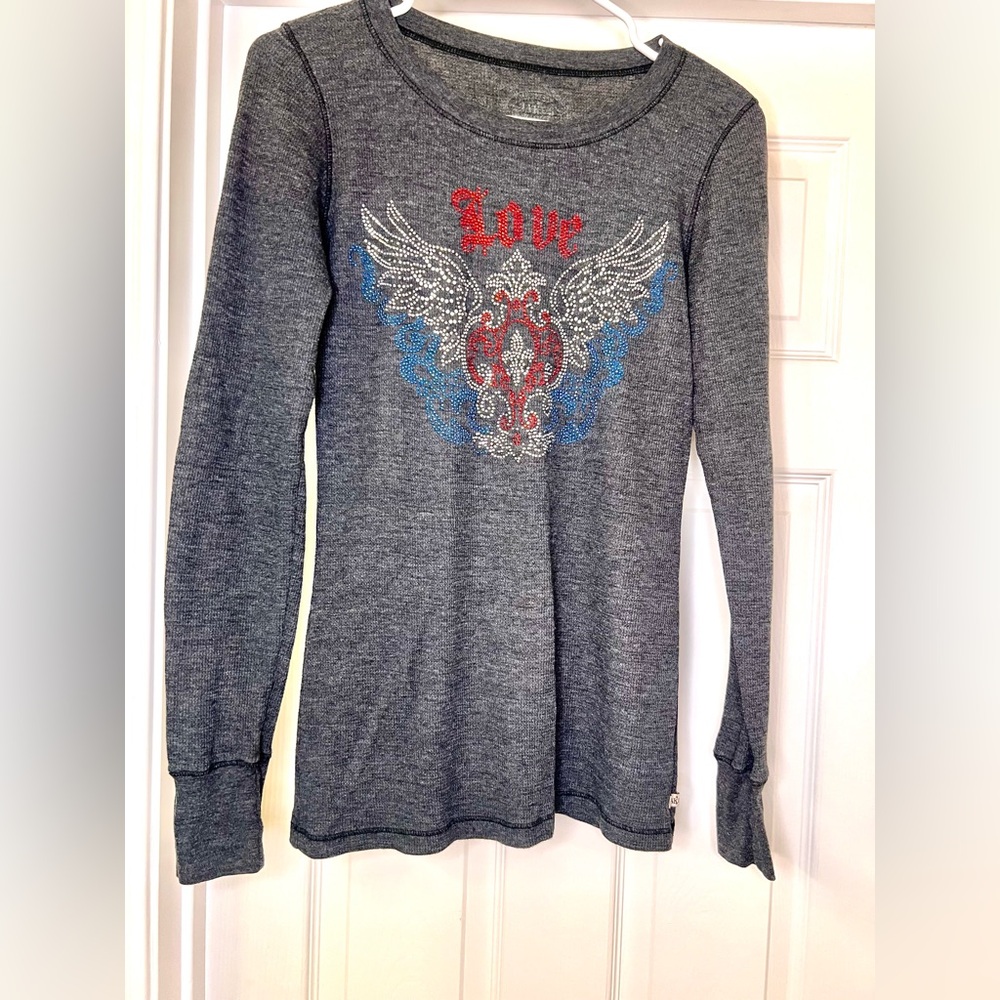 True Y2K Bling Thermal - Grey Rhinestone Studded Angel Wings Graphic Tee - Grail